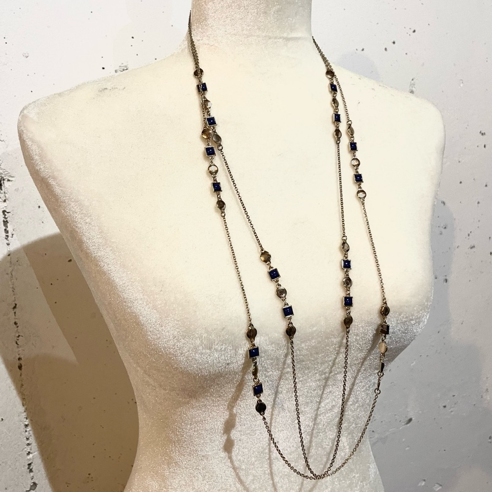 Necklace 2 strands gold tone blue shapes